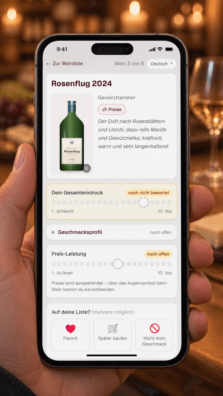 Handy-Ansicht eines Weins mit Etikett und Beschreibung, Reglern für Gesamteindruck und Preis-Leistung sowie den Markierungen Favorit, Später kaufen und Nicht mein Geschmack.